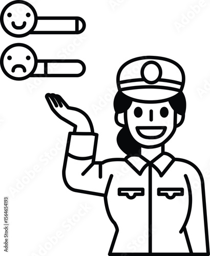 A woman in a uniform is holding a smiley face and a frowning face