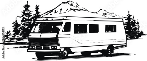 RV, travel trailer, camper, motor home, line art, black and white, illustration, recreational vehicle, fifth wheel, van camper, vintage RV 12