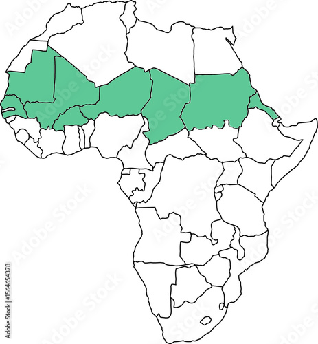 Map showing countries in the Sahel Region of Africa with clear borders, ideal for climate, geography, environment, and educational purposes.


