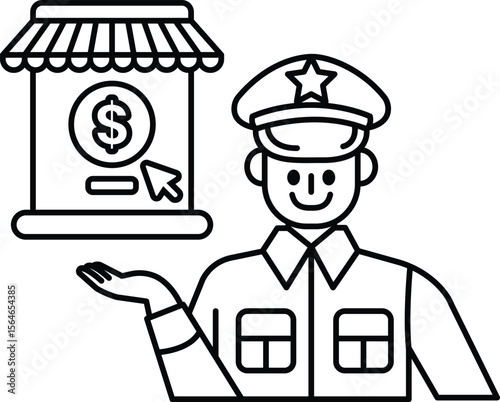 A man in a uniform is holding a sign that says "Click Here" and is smiling