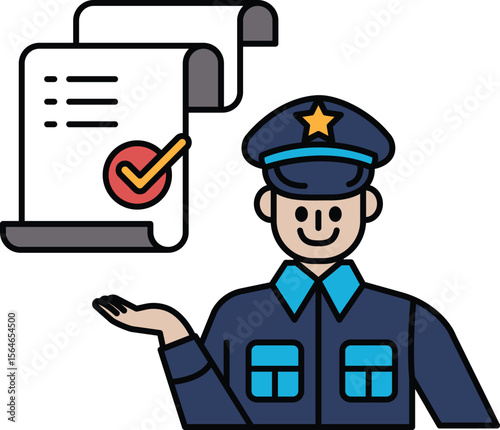 A police officer is holding a piece of paper with a check mark on it