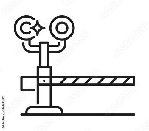 Railroad and railway icon of train and subway rails crossing gate, vector line pictogram. Railroad and railway icon, train rails level crossing barrier with signal lights for subway or metro and tram