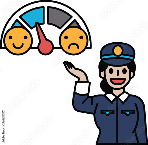 A woman in a blue uniform is holding a smiley face and a frowning face