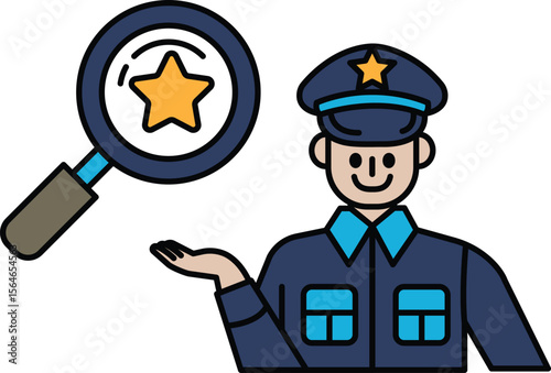 A man in a blue uniform holding a magnifying glass and pointing to a star