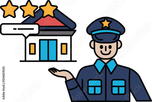 A man in a blue uniform is holding a star and pointing to a building