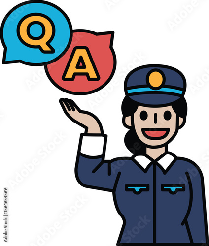 A woman in a blue uniform is holding up a Q and A sign