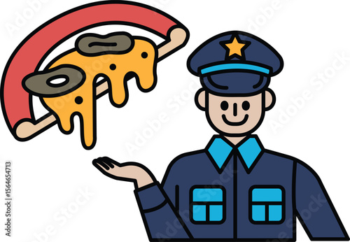 A cartoon of a police officer holding a slice of pizza