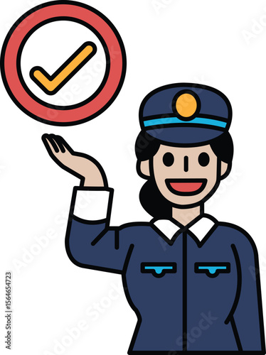 A woman in a blue uniform is holding a red check mark