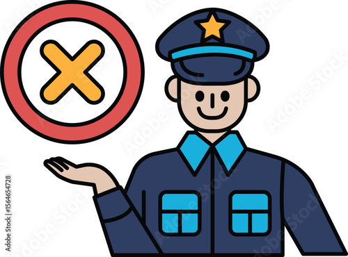 A police officer is holding a red X sign and smiling