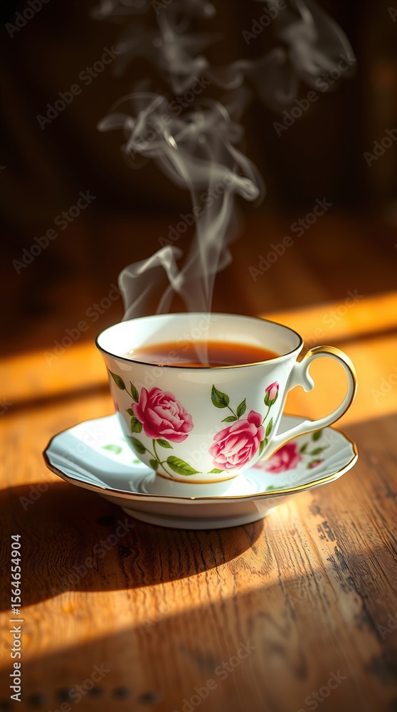 Fototapeta premium Steaming Vintage Teacup with Rose Pattern on Wooden Table