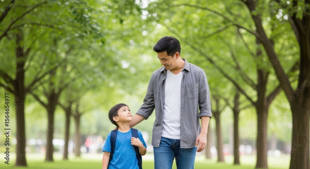 Father and son walking together in park and talking Father and son walking together in park and talking