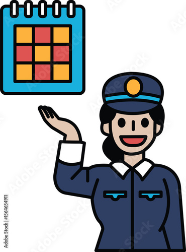 A woman in a blue uniform is holding a calendar and smiling