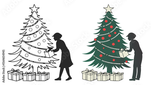 Detailed Vector Silhouette Collection of Christmas Trees with Ornaments, Lights, and Gifts, Isolated on White Background for Holiday and Festive Designs