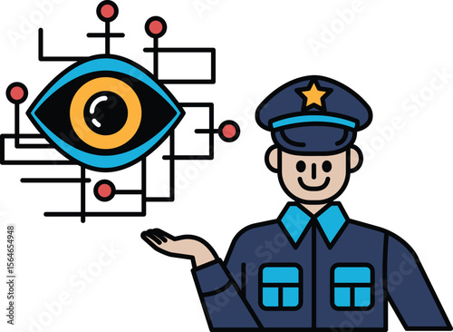 A man in a blue uniform is holding up an eye with a computer chip in it
