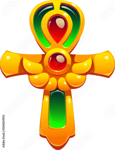 Cartoon Egypt game golden ankh, ancient religious symbol, Egyptian treasure asset icon with a green and red gemstones Vector mystical artifact evoking a sense of power, royalty and divine energy