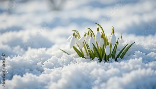 Stunning Close-up of Delicate Snowdrops Emerging from a Blanket of Sparkling Snow in Winter