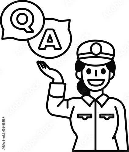 A woman in a uniform is holding up a Q and A sign