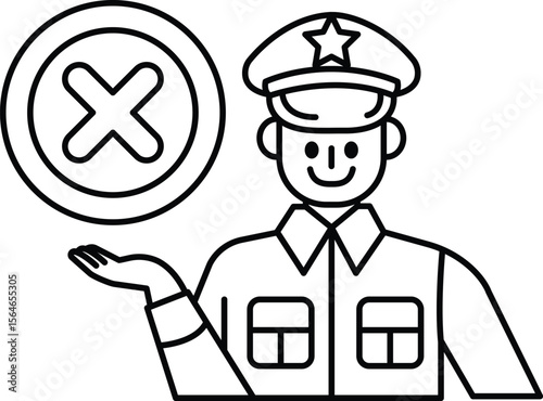 A man in a uniform is holding a sign that says "X" and smiling