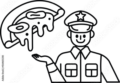 A man in a uniform is holding a slice of pizza