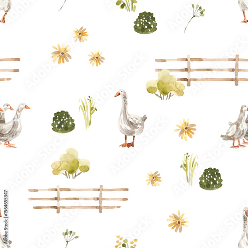 Bild auf Leinwand Watercolor cute pattern with geese, wildflowers and fence.