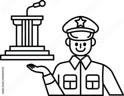 A man in a uniform holding a microphone and standing next to a podium
