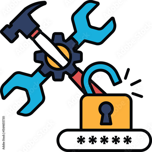 A blue and yellow lock with a key on top of it