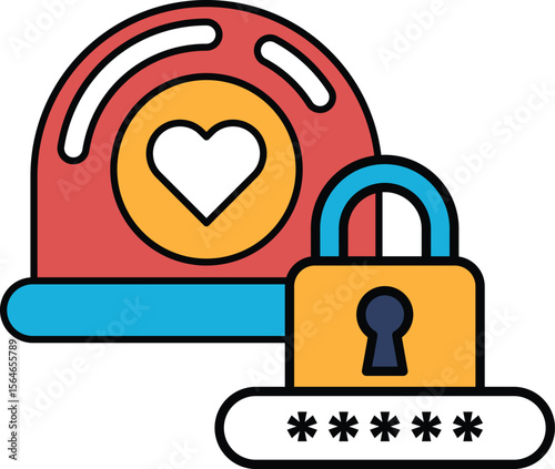 A red and yellow heart is on top of a red and blue lock