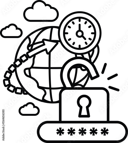 A black and white drawing of a laptop with a keypad and a clock