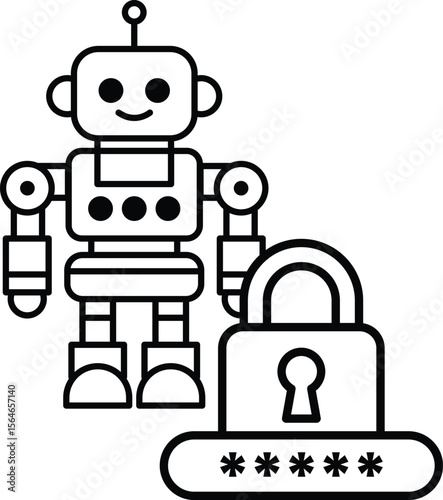 A robot is standing next to a lock with a keyhole