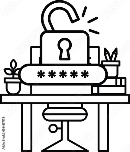 A black and white image of a desk with a laptop and a keypad