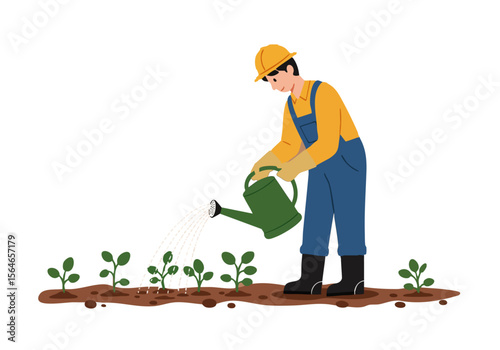 A construction worker carefully waters young crops in a field.  Clear, bright illustration depicting agricultural work. Suitable for various commercial uses.