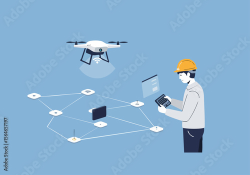 A construction worker uses a tablet to oversee a drone scanning a site, connected to a network of data points. Modern, tech-focused illustration.