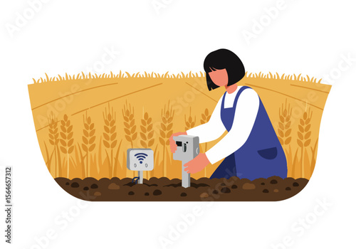 A female farmer installs a wireless sensor in a wheat field. Modern agricultural technology, outdoor setting, bright colors, focused action. Suitable for stock imagery.