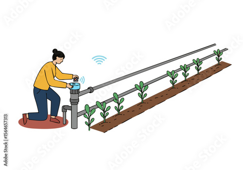 A female farmer installs a wireless sensor on an irrigation system, monitoring crops. Modern agricultural technology, vibrant colors, and a clear composition.