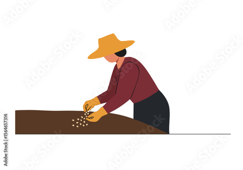 A farmer plants seeds in the soil, wearing a hat and gloves. Illustrative style, focused on seed cover. Clean, modern design.