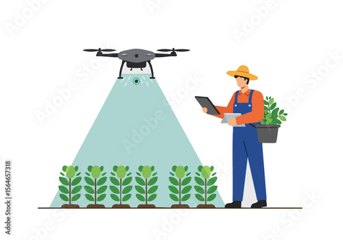 A farmer uses a drone to inspect crops, analyzing data on a tablet. Modern agricultural technology for farm management. Bright, clear image.