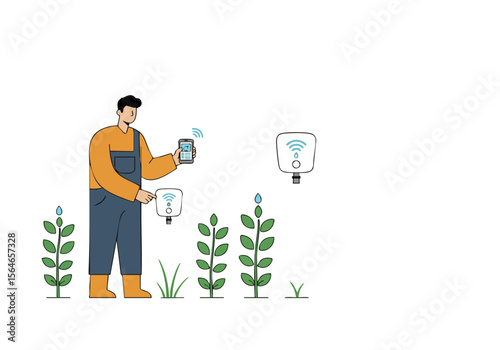 A farmer monitors plant levels with a mobile device, showcasing precision agriculture. Modern technology meets rural life. Clear, bright, and informative.