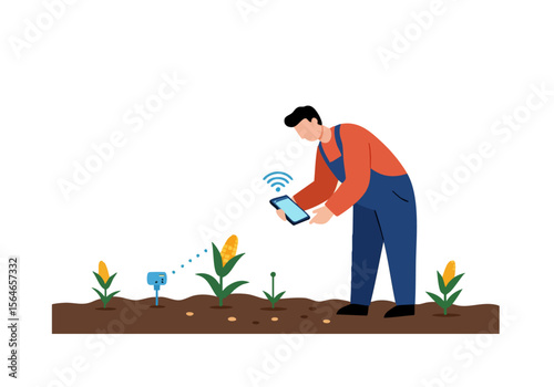 A farmer uses a tablet to analyze soil conditions near corn plants. Modern agricultural technology, outdoor setting, vibrant colors. Ideal for sustainability and farming concepts.