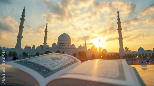 Islamic holy book Quran mosque sunset background spiritual atmosphere warm light peaceful sky open religious book Arabic script near mosque minaret dome warm light peaceful spiritual atmosphere open