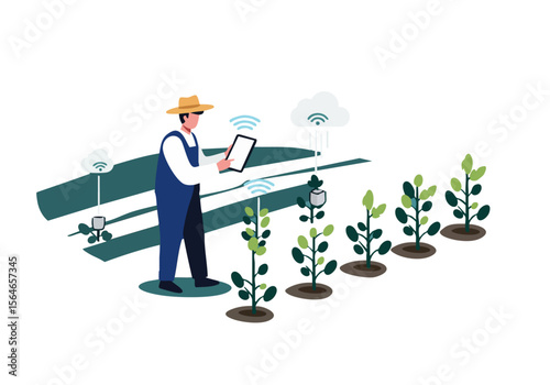A farmer uses a tablet to monitor crops with wireless sensors in a field. Modern agricultural technology, vibrant green plants, and a clear, bright setting.
