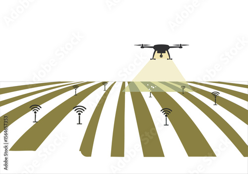 A field drone surveys a farmland with wireless communication signals, highlighting precision agriculture and data collection. Modern, illustrative style.