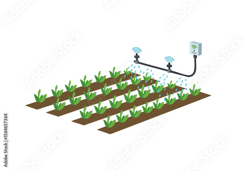 An illustration depicts an IoT drip irrigation system in a farm, showcasing smart agriculture technology. Clean lines and a modern style highlight efficient water management.