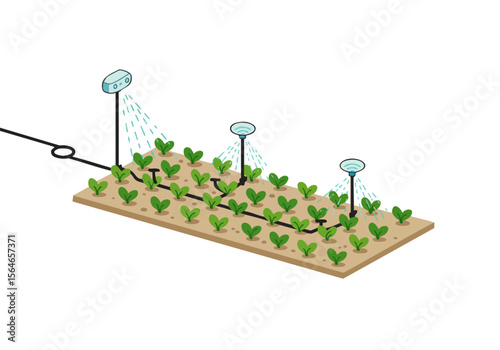 Illustration depicts an IoT drip irrigation system efficiently watering row of plants Clean modern design showcases sustainable agriculture Ideal for tech farming and environmental concepts
