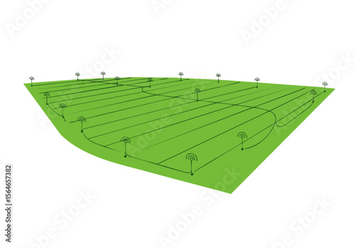 Illustration depicts field drip irrigation system showcasing efficient water delivery Clean lines and a green landscape create a modern agricultural visual 
