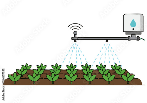 Illustration depicts a modern crop drip irrigation system delivering water to plants. Clean, flat design with a focus on agricultural technology. Suitable for commercial use.