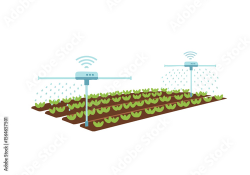 Modern irrigation system utilizes IoT technology for efficient agriculture Smart sprinklers monitor and adjust water delivery showcasing sustainable farming practices Clean vector illustration