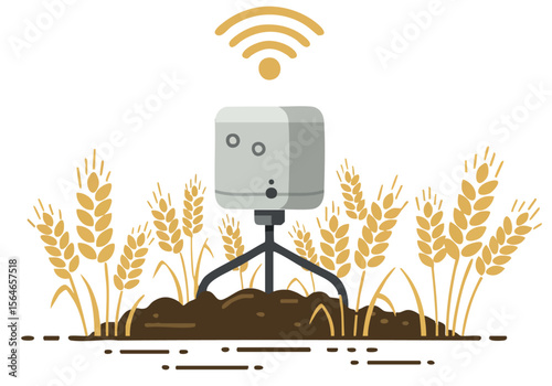 A modern soil sensor monitors wheat crops in a field. Wireless connectivity highlights precision agriculture. Clean, flat design for commercial use.