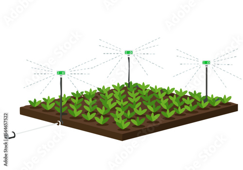 Modern irrigation system waters a lush crop field. Clean, vector illustration showcasing efficient agriculture. Ideal for business, technology, and farming concepts.