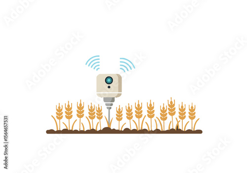 A robotic soil sensor monitors a wheat field, showcasing precision agriculture. Modern technology optimizes crop health. Clean, vector illustration.