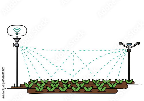 Smart irrigation system waters crops efficiently. Modern illustration showcasing precision agriculture and water conservation. Clean, minimalist design.
